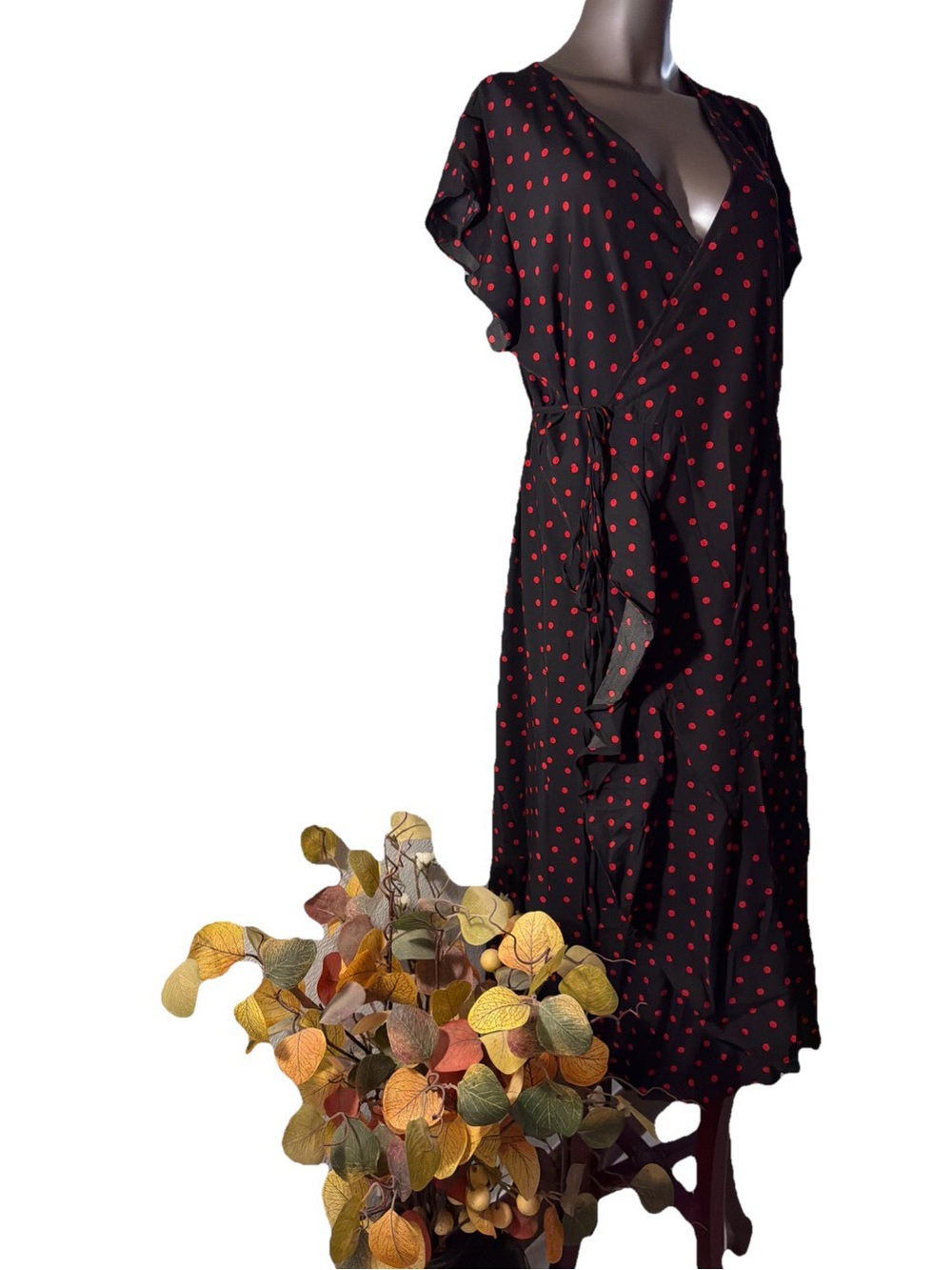 Leo Rosi XL Black Wrap Midi Dress with Red Polka Dots